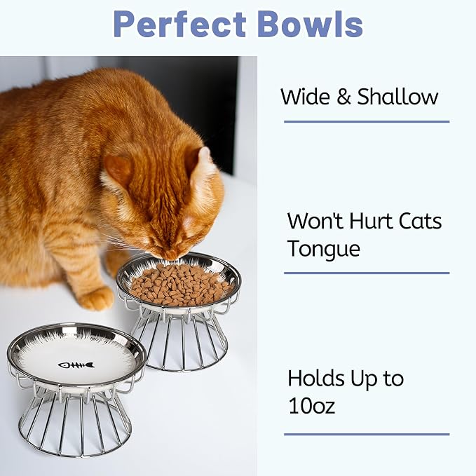 Cat Bowls, Elevated Bowl, Raised Ceramic Dish with Metal Stand, Pet Water or Food Feeding Station for Indoor Cats, Kitten,Dishwash Safe - Image 4