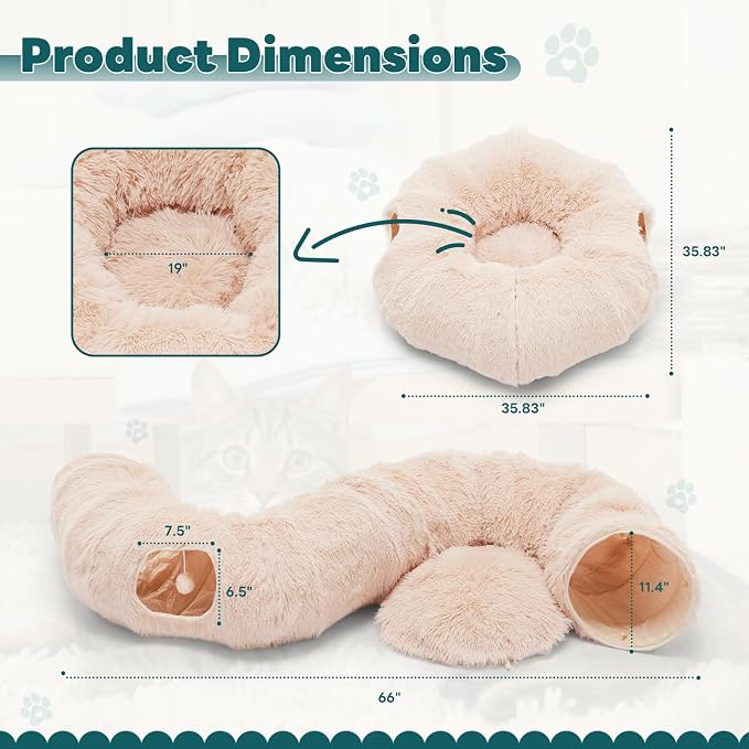 DUMOS Cat Tunnel Bed for Indoor Cats, Cave Donut Play Tunnel, Cream | Soft Plush Peekaboo, Washable Circle Cushion, Multifunctional Playground Under Tree Toys for Kittens, Puppy, Rabbit, Ferret - Image 5