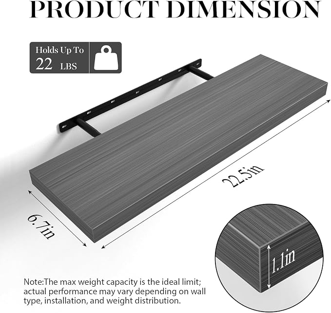 BAYKA Grey Floating Shelves 22.5in, Set of 2, Wall Mounted for Wall Deocr | Easy Install, 22lbs Max Load, Hidden Bracket, Shelving for Bathroom Bedroom Kitchen Book Room Storage, Multi-Wall Compatible - Image 3
