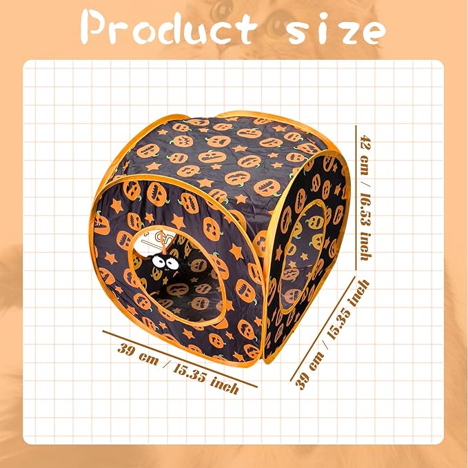 Andiker Cat Tent, 3 Holes Safe and Strong Cute Cats Tunnel Collapsible Easy to Carry Cat House for Indoor Cats Kittens Hiding Playing Training Sleeping (Square Yellow) - Image 2