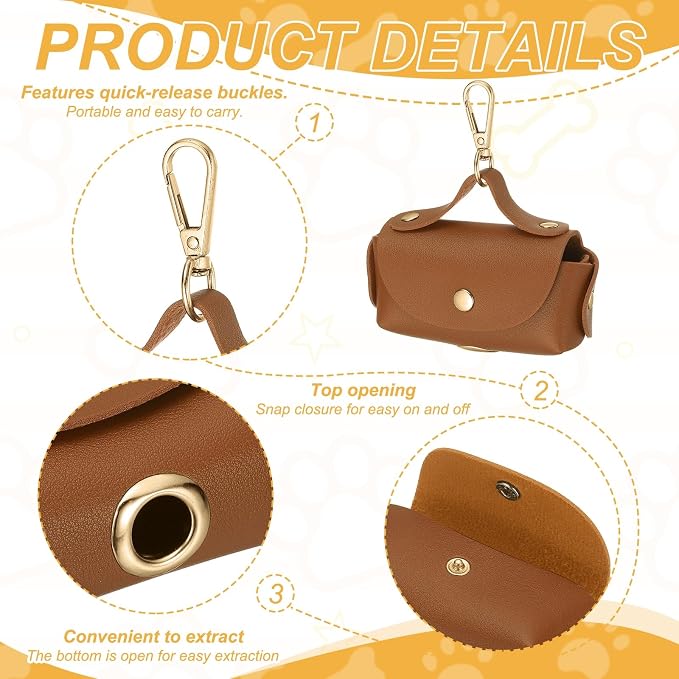 Dog Poop Bag Holder, Leather Pet Waste Bag Dispenser for Leashes Portable Reusable Easy Cleanup Pouch(1Pcs, Dark Yellow), Intended for Outdoor/Travel/Walking with Dog - Image 3