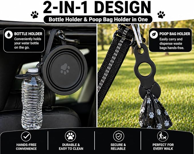 Black Collapsible Travel Dog & Cat Bowl – BPA-Free Silicone & 18/8 Stainless Steel, Portable Non-Slip Food & Water Bowl with Handle, Bottle/Poop Bag Holder – Claim Your - Image 9