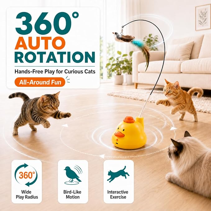 YWK Interactive Cat Toys for Indoor Cats, 360° Automatic Flying Bird Wand, Bird Sound & 2 Speeds, Touch Restart, USB-C Rechargeable Self-Play Toy with Suction Base, Bird & Feather Attachments - Image 2