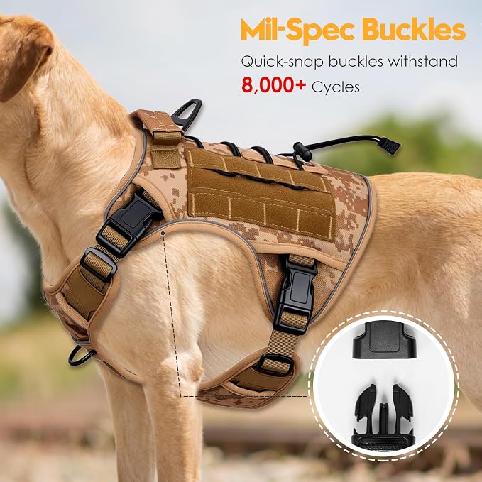 Heavy-Duty Tactical Dog Harness for Large Dogs, No Pull Adjustable Reflective Pet Vest with Molle System, K9 Military-Grade Control for Service Training, Outdoor & 10+ Breeds, Khaki Camo, Large - Image 3