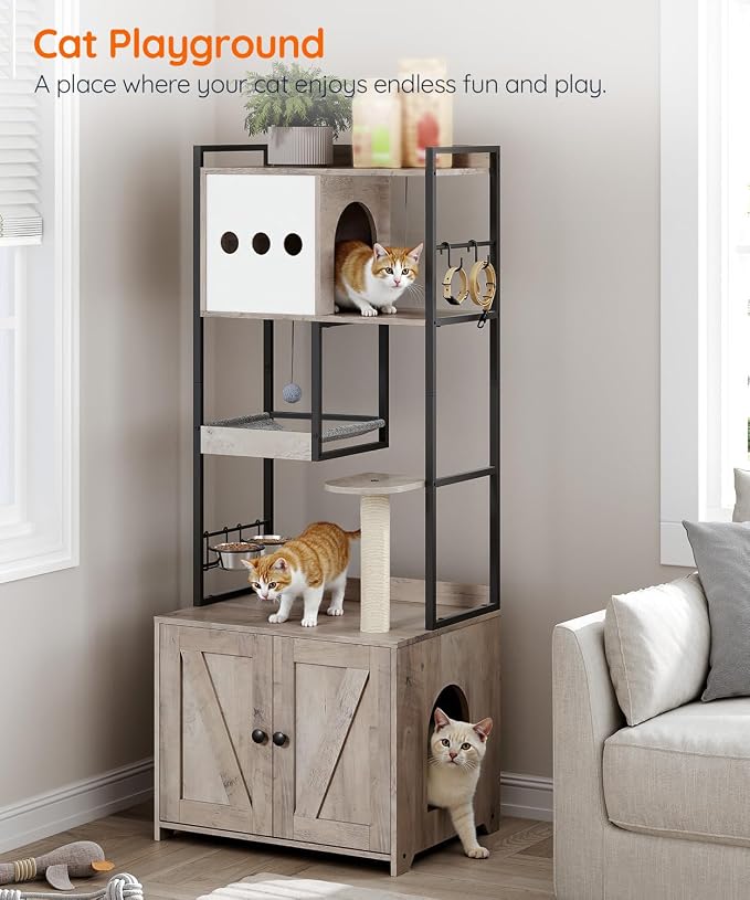 HOOBRO Cat Tree with Litter Box Enclosure, 58.7" H Cat Tower with Hidden Litter Box Furniture, with Scratching Post, Step, Hammock, Multifunctional Pet Furniture with Food Bowls, Greige BG30MZ03G1 - Image 8