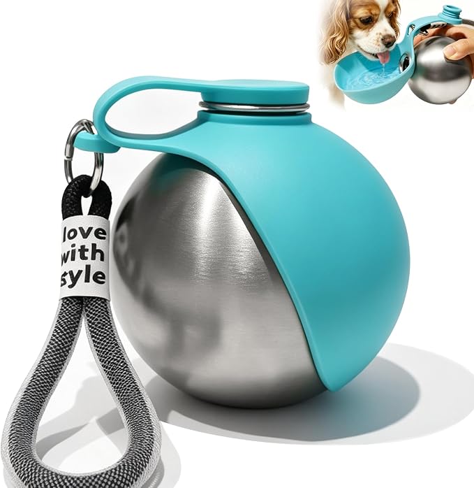 Drain-Back Stainless Steel Portable Dog Water Bottle with Bowl for Walks | 10oz 2-in-1 Leak-proof Pet Water Tumbler, Puppy Water Dispenser Ideal for Small Dogs Travel, Hiking, Park & Beach Trips(Blue) by Unknown