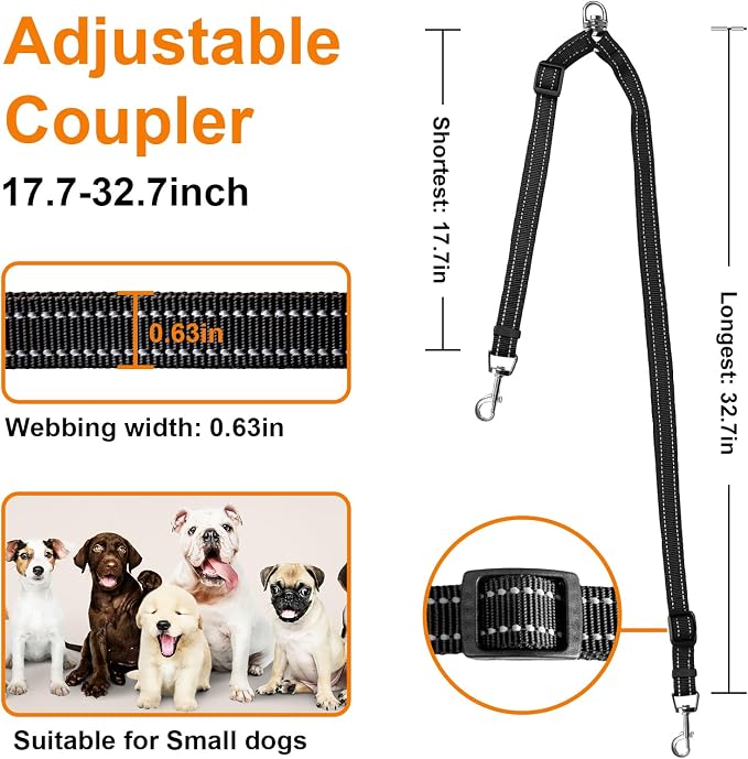 MingXpet Double Dog Leash for Two Dogs, No Pull Dog Leash, 360° Swivel No Tangle for Small Dogs Walking & Training, Shock Absorbing Reflective Bungee, Black - Image 2