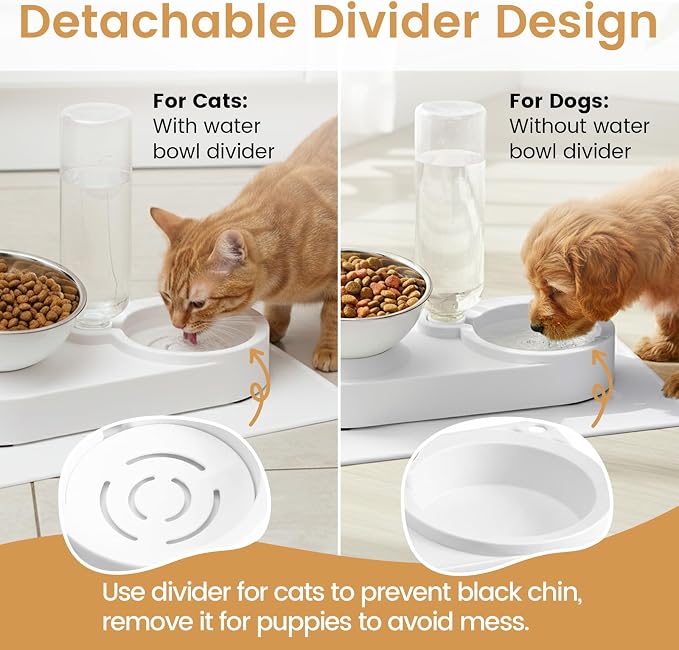 2 in 1 Elevated Dog Cat Bowls, 15°Tilted Pets Water and Food Bowl Set, Pet Feeding Bowls with Automatic Water Bottle and Feeding Mat for Kittens and Small Dogs, White - Image 7