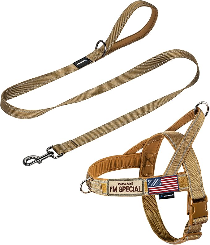 Annchwool No Pull Dog Harness with Padded Handle+5 Ft Leash,Reflective Strip Escape Proof and Quick Fit to Adjust Dog Harness,Easy for Training Walking for Small & Medium and Large Dogs(Brown-Set,M) by Annchwool
