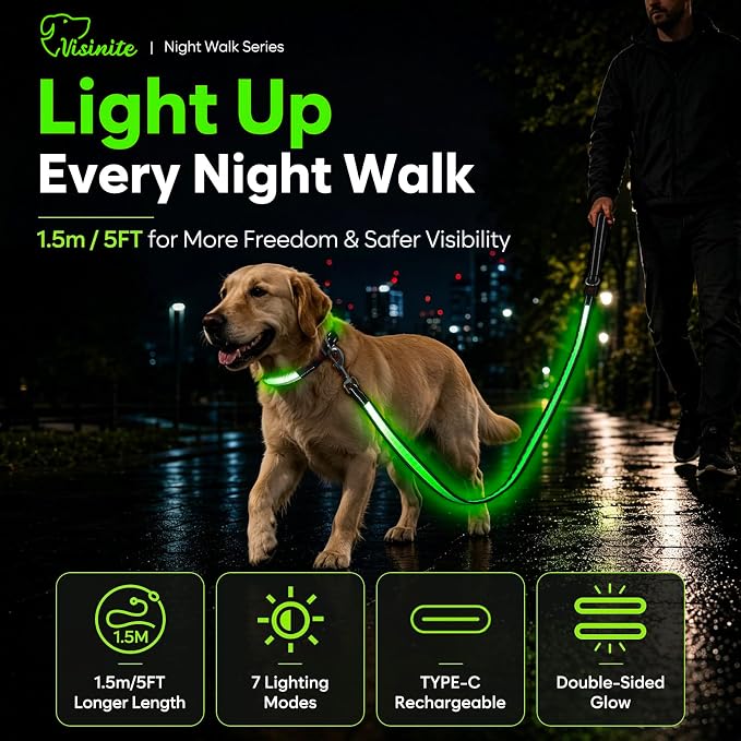 5 Ft LED Dog Leash, Light Up & Lighted Dog Leash, 7 Lighting Modes, Glow in The Dark, Reflective, Double-Sided Light, Rechargeable with Padded Handle for Night Walking Safety, Small to Large Pets - Image 2