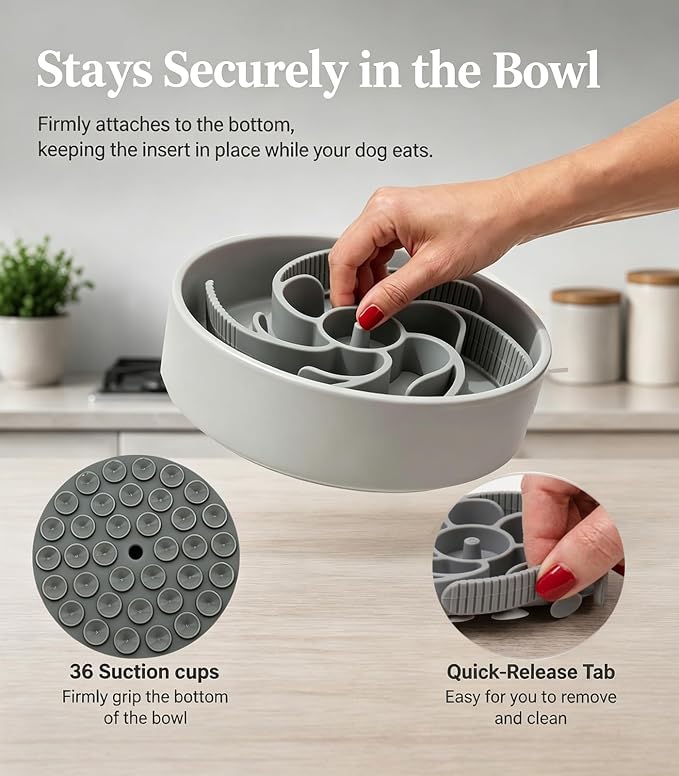 Slow Feeder Dog Bowls Insert Cuttable to fit 4.4"-7.5" Bowls Gray | Strong suction cups fit snugly,reduce fast eating,Food-grade silicone, dishwasher safe, for dogs and cats,daily mealtimes - Image 4