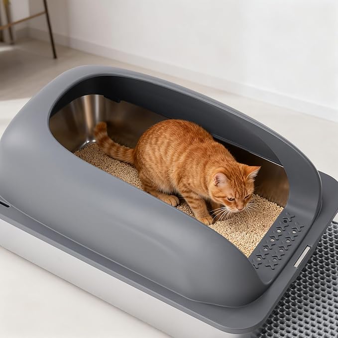 OLIXIS Stainless Steel Large Cat Litter Box with Lid, High Wall Sides | Large Cat Litter Box for Big Cats, Anti-Urine Leakage, Easy Cleaning, Scoop and Mat Included, Dark Gray - Image 2