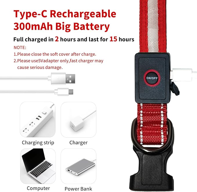 LED Dog Collar Light Up with 2025 Bright Beads & 300mAh Battery, Type-C Rechargeable Waterproof Dog Collar, 3 Flash Mode 15H for Night Safety, Adjustable Nylon Glow Collar for Small Medium Large Dogs - Image 2