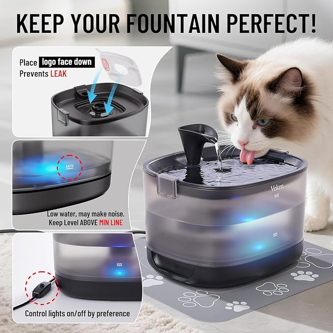 Veken 85oz/2.5L Cat Water Fountain with Detachable Tank & Secure Clips | Easy to Clean & Assemble, Quiet Operation & LED Light, Pet Drinking Dispenser, Gifts, Cats, Dogs and Small Pets, Black - Image 6
