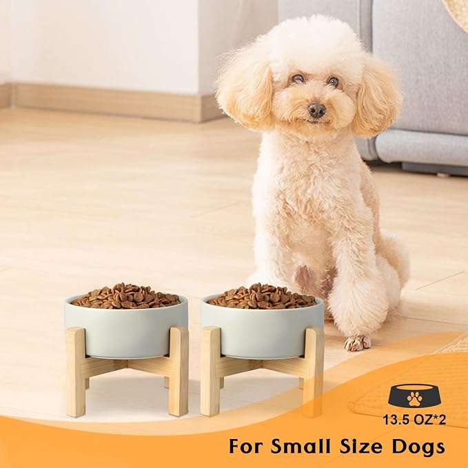 SPUNKYJUNKY Ceramic Elevated Dog Bowls 2 Pack - 5.1inch Raised Dog Bowls with Non-Slip Wooden Stand for Small Dogs Dishwasher Safe(Grey,13.5OZ*2) - Image 7