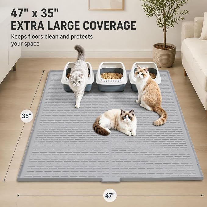 Cat Litter Box Mat, 47" x 35" Extra Large Silicone Cat Litter Mat | Waterproof & Washable Kitty Litter Catcher Matt, Soft on Paws Non-Slip Easy to Clean Reduces Litter Tracking for Indoor Cats - Image 2