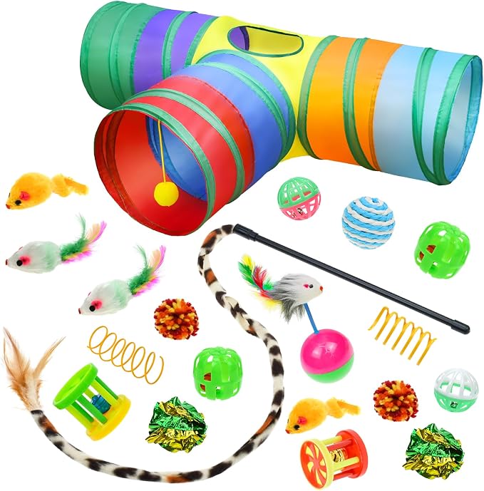 Malier Cat Toys Kitten Toys Set, Collapsible Cat Tunnels for Indoor Cats, Interactive Kitty Toys Cat Feather Toy Fluffy Mouse Crinkle Balls 3 Way Tube Tunnel Toys for Puppy Kitty Kitten by Malier