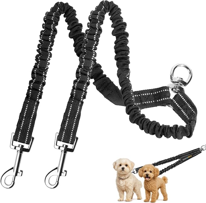 MingXpet 2 Dog Leash, Dog Leash for 2 Dogs, 360° Swivel No Tangle Double Walking Training Leashes for Small Dogs, Comfortable Shock Absorbing Reflective Bungee, Black by MingXpets