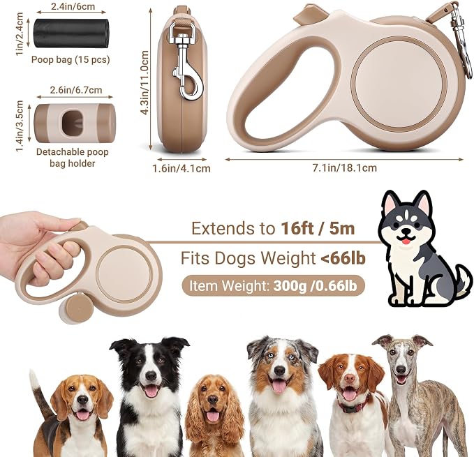 Segarty 16 Ft Retractable Leash with Detachable Poop Bag Holder for Walking, 5m Dog Leash for Small Medium Pet up to 66Lbs, 360°Tangle-Free Dog Lead with Anti-Slip Handle & One-Handed Brake Pause Lock - Image 2