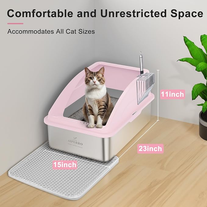 AIPERRO Stainless Steel Litter Box | XL Metal Cat Litter Boxes with Lid | Enclosed High Sided for Big Cats | Anti-Urine Leakage, Non-Stick, Easy to Clean with Litter Mat & Metal Scoop | Cute Pink - Image 5