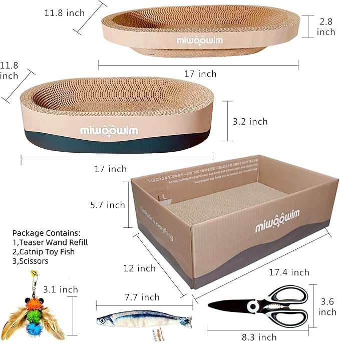 miwoowim 3-Piece Cat Scratcher Set, Oval Bowl Nest for Indoor Cats | 2 oval bed &1 box for scratching & lounging,Durable round corrugated cardboard pad & catnip toy.Furniture protector for couch - Image 3