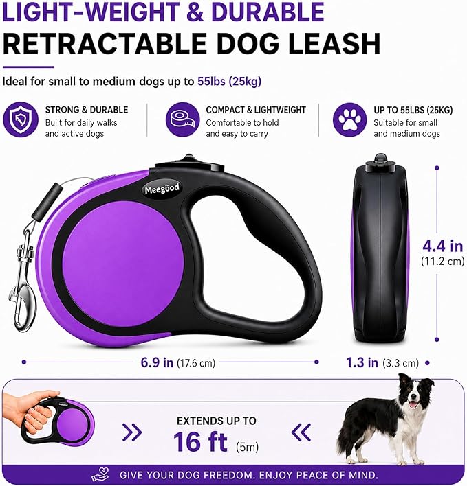 Heavy Duty Retractable Dog Leash-16ft Strong & Durable Walking Leash for S to L Dogs up to 45/115 lbs, Upgraded Lock System, Non Slip Grip, Tangle Free (Purple, Small/Medium) - Image 2