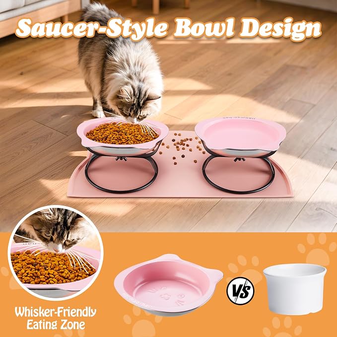 Elevated Cat Bowls with Food Mat & Metal Stand - 7.1" Wide Stainless Steel Whisker Friendly Dishes, 15° Tilt for Cats/Kittens/Small Dogs, Indoor/Outdoor & Travel Use (2-Pack) HBGmao-hao (Pink) - Image 3
