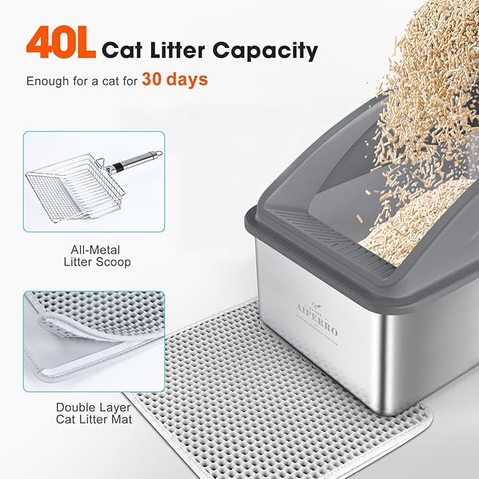 AIPERRO Stainless Steel Litter Box | XXL Deepened 8" Design Metal Cat Box | High Sided with Lid for Big Cats | Anti-Urine Leakage | Non-Stick Bottom & Easy to Clean | Includes Litter Mat & Metal Scoop - Image 6