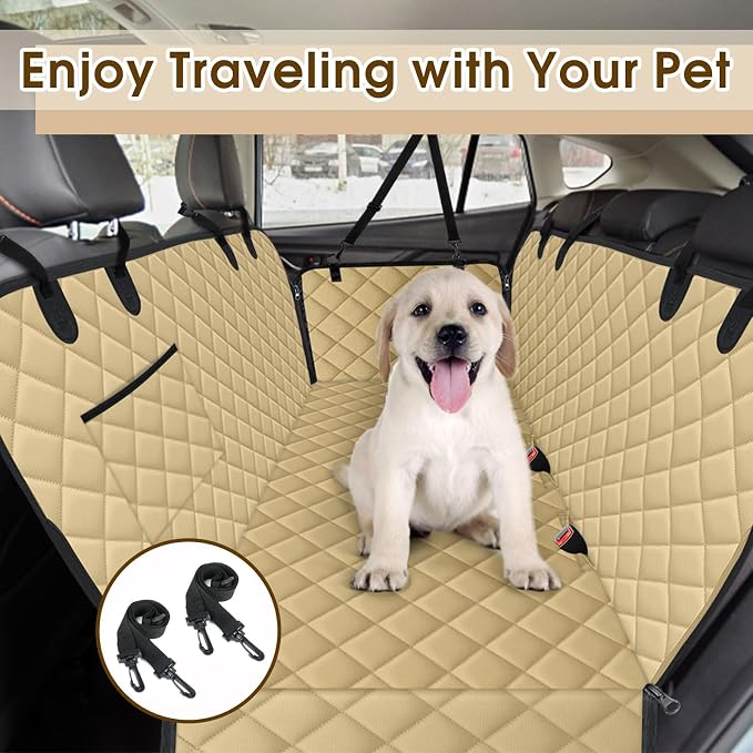 NECKORY Waterproof Dog Car Seat Cover for Back Seat - Durable, Scratch Proof Pet Hammock with Nonslip Design & Storage Pockets, Fits Cars, SUVs, Trucks - L, Khaki/Black - Image 7