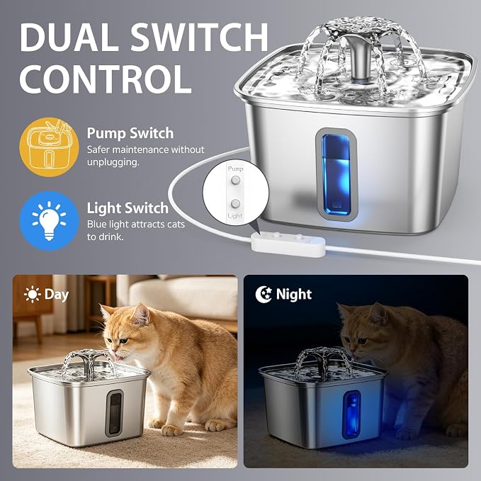 Veken Innovation Award Winner Stainless Steel Cat Water Fountain, 108oz | Automatic Pet Fountain Dog Water Dispenser with 3 Replacement Filters & Silicone Mat, Gifts for Cats, Dogs (Silver) - Image 7