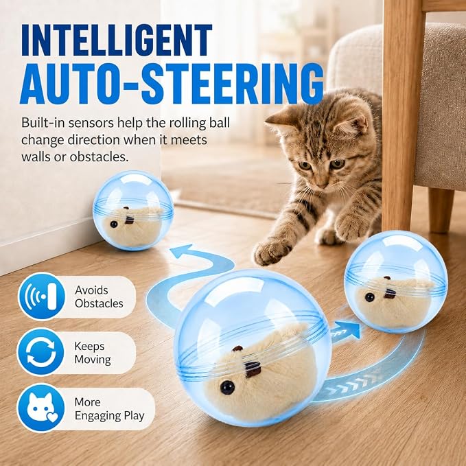 Self Rolling Interactive Cat Ball Smart Cat Ball Toy | 360° Animal Design Automatic Moving Pet Ball, Fun Indoor Interactive Chasing Exercise Toy for Cats and Small Dogs - Image 4