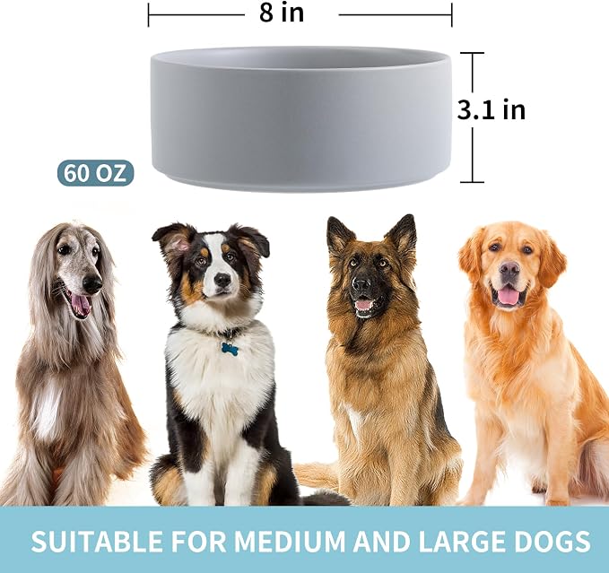 Grey Raised/Elevated Ceramic Dog Bowl for Medium Large Sized Breeds,Large Dog Food Water Bowl with Stand,8 in Non Slip Heavy Weighted 1800ml/ 7.6 Cups/60 OZ - Image 2