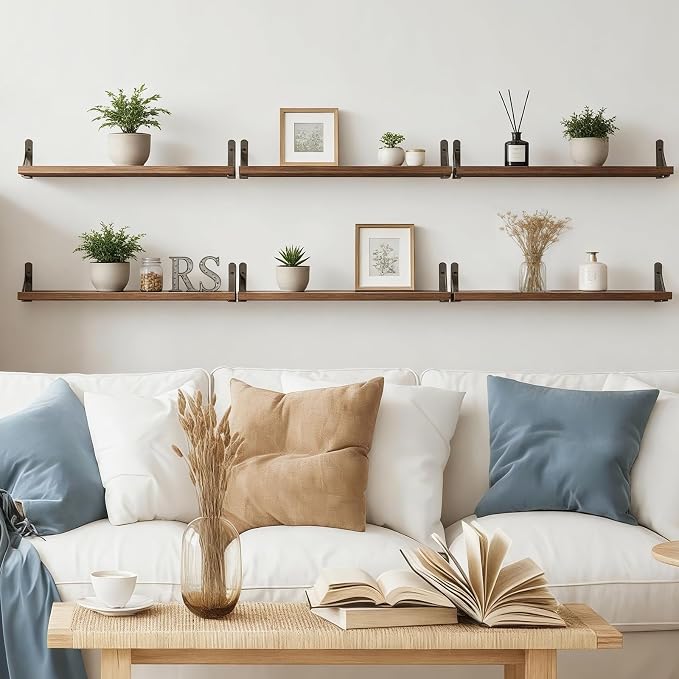 YGEOMER 23.6in Floating Shelves for Wall Home Decor, Wood, Brown, Set of 6 | Rustic wood shelves with metal brackets. Space-saving for books & decor. Works in bathroom, kitchen, living room & bedroom. - Image 2