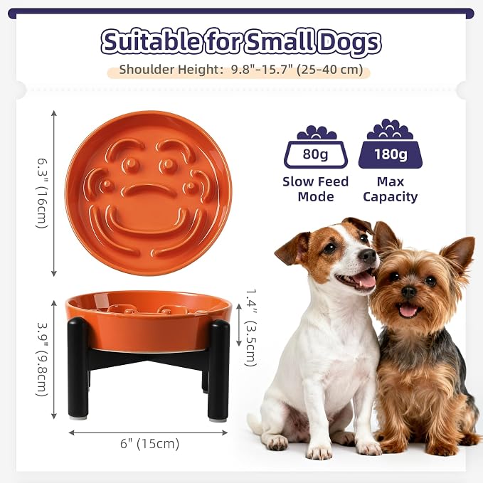 Elevated Slow Feeder Dog Bowl, 0.8 Cups Ceramic Raised Slow Feeder with Stainless Stand, 6.3 Inch Wide Lifted Dog Bowl for Small Breeds to Control Eating Speed, Orange - Image 2