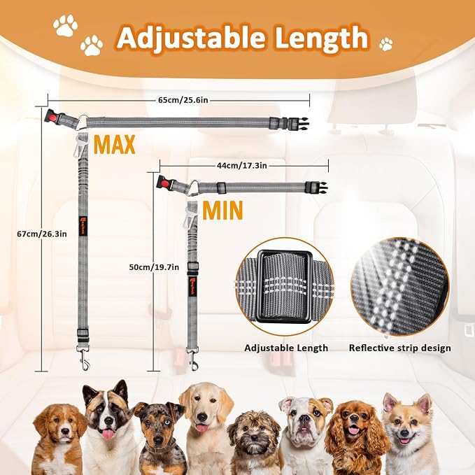Laqibak Removable Dog Seat Belt Harness for Car, 3 in 1 Pet Seatbelt Leash | Retractable Headrest-Mounted,Restraint & Adjustable Reflective Bungee Dog Seatbelt Tether,Grey and Black - Image 7