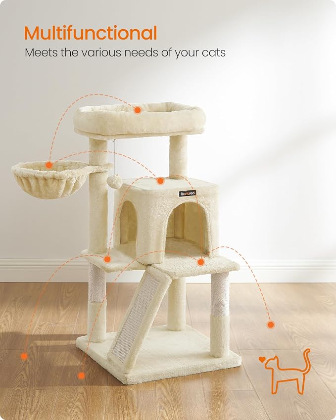 Feandrea Cat Tree, 37.8-Inch Cat Tower, Multi-Level Condo with Widened Perch, Scratching Posts and Ramp, 2-Door Cave, Hammock, Beige UPCT51M - Image 3