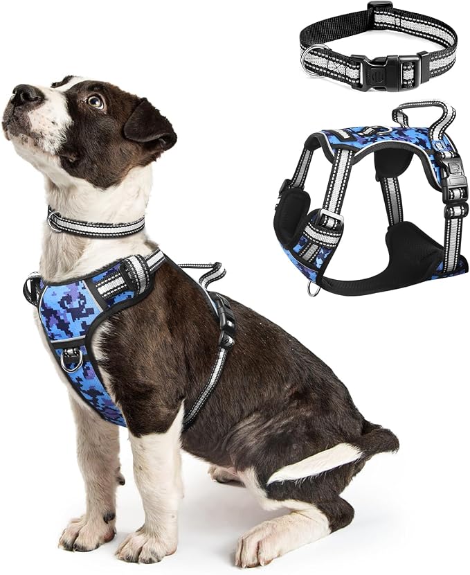 Dog Harness No Pull, Pet Harnesses with Dog Collar, Adjustable Reflective Oxford Outdoor Vest, Front/Back Leash Clips for Small, Medium, Large, Extra Large Dogs, Easy Control Handle for Walking by WINSEE