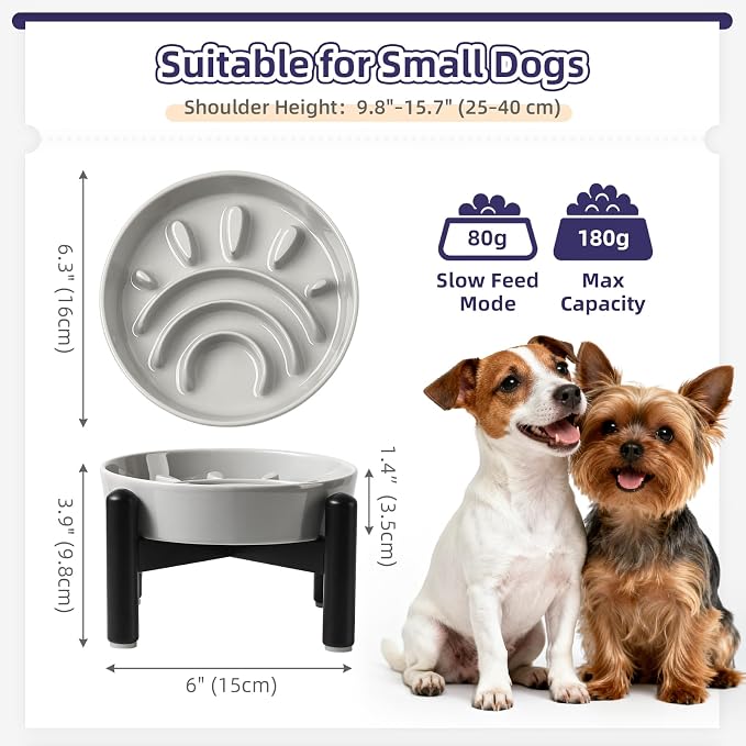 Elevated Slow Feeder Dog Bowl, 0.8 Cups Ceramic Raised Slow Feeder with Stainless Stand, 6.3 Inch Wide Lifted Dog Bowl for Small Breeds to Control Eating Speed, Grey - Image 2