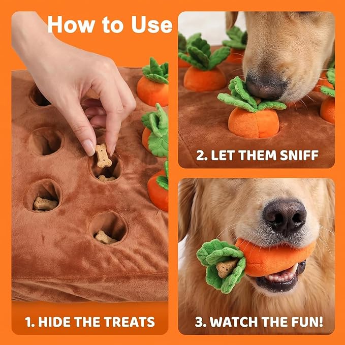 Carrot Dog Toy - Interactive Foraging Puzzle, Treat Hiding Plush Mat, Mental Stimulation Slow Feeder Enrichment Toy for Small Medium Dogs & Cats, Machine Washable - Image 9