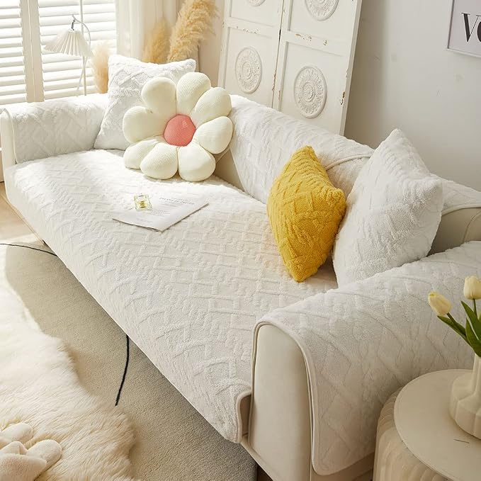 vctops Geometric Jacquard Plush Sofa Couch Covers Farmhouse Neutral Non Slip Sectional Couch Cover Soft Warm Sofa Slipcover for Dogs, Children, Pets Furniture Protector (White,36"x47") by vctops