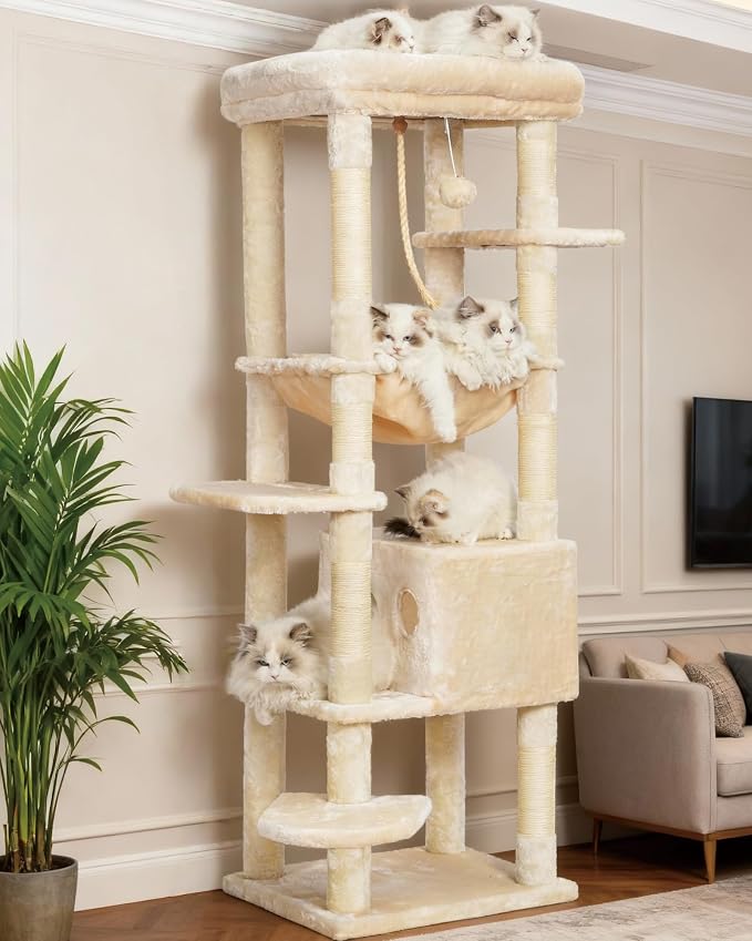 Heybly Cat Tree for Large Cats, 20lbs Heavy Duty, 60 inches HCT050M | Cat Tower for Indoor Cats with Big Padded Plush Perch, Multi-Level Furniture Condo with Cozy Basket, Beige by HEYBLY