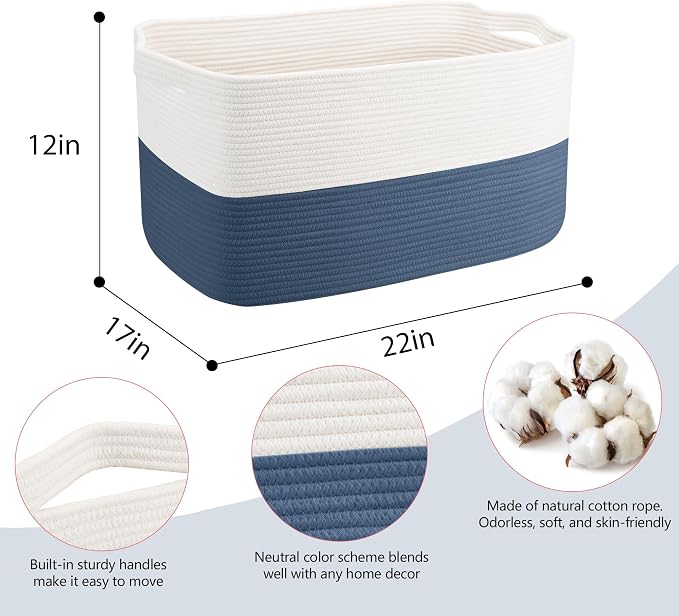 MEGASKET Extra Large Rope Basket, 22" x 17" x 12" Woven Stuffed Animals Storage Bin, Kids Dog Stuff Toy Box Organizer, Living Room Nursery Organization, Big Basket Container for Blankets Clothes - Image 2