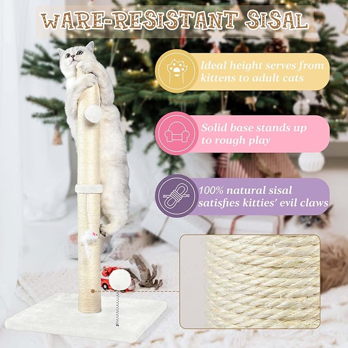 ANWA 32" Tall Sisal Cat Scratching Posts Tree for Indoor Cats Adults, White | Sisal Cat Scratcher, Small Space, Cat Post with Dangling Plush Toys for Indoor Cats, 15.7" Stable Base, Cat Furniture - Image 5