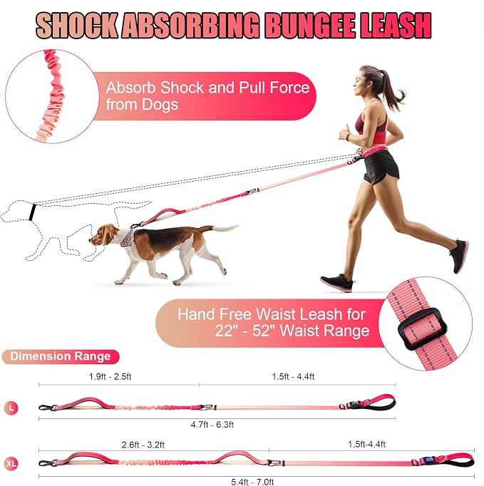 Heavy Duty Hands Free Dog Leash, 5-7 FT Reflective Adjustable Waist Dog Leash Belt with Padded Handles, Shock Absorbing Bungee and Car Seat Belt for Large Medium Dogs (Gradient Rose, XL) - Image 5
