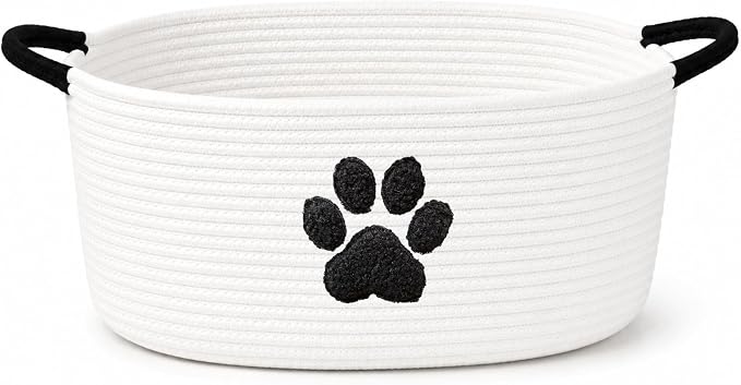 Dog Toy Basket with Handles, Cotton Rope Storage Bin Organizer for Pets | Holds toys, blankets, leashes & dog stuff. Spot clean, collapsible, free-standing woven bin with embroidered paw. by KeminaBlankets