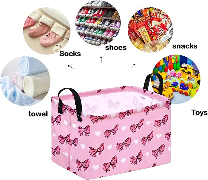 Storage Basket Home Shelf Basket Kids Organizer Box Clothes Laundry Hamper Nursery Bin Gift Laundry Basket with Handles Pink Bowknot Pattern for Home - Image 5