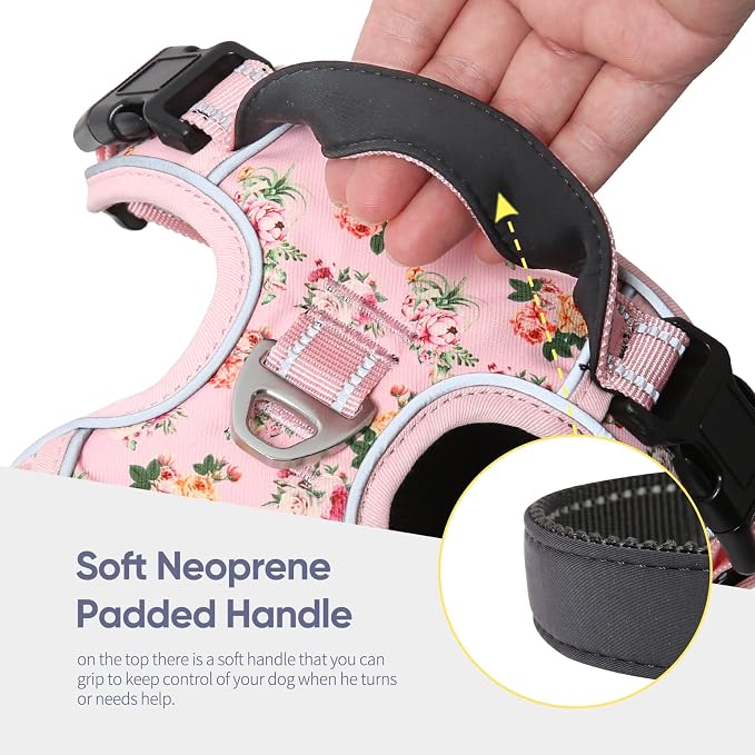 HEELE Dog Harness, No Pull Adjustable Padded Reflective Harness for Small Medium Large Dogs with Handle for Walking Training, Flower-Pink, L | Reflective Front Clip Vest with Control Handle, No Choke, Adjustable 2 Metal Rings for Outdoor Walking Training - Image 4