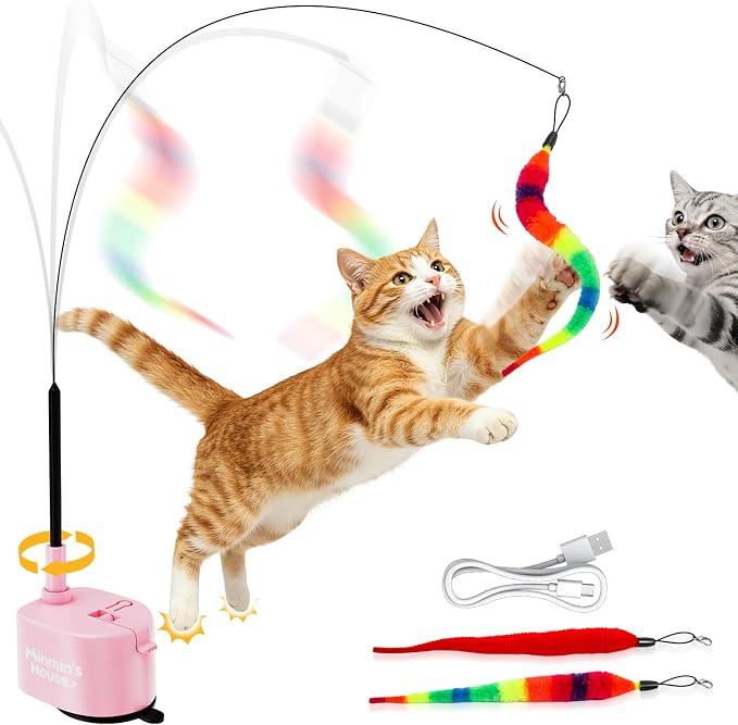 Interactive Cat Toys For Indoor Cats, 360° Flying Automatic Cat Toy, Pink | Rechargeable, Strong Suction Base, Self-Play & Handheld, Electric Spin Game Enrichment Toy, Long Kitty Wand for Bored Cats by MinminsHouse