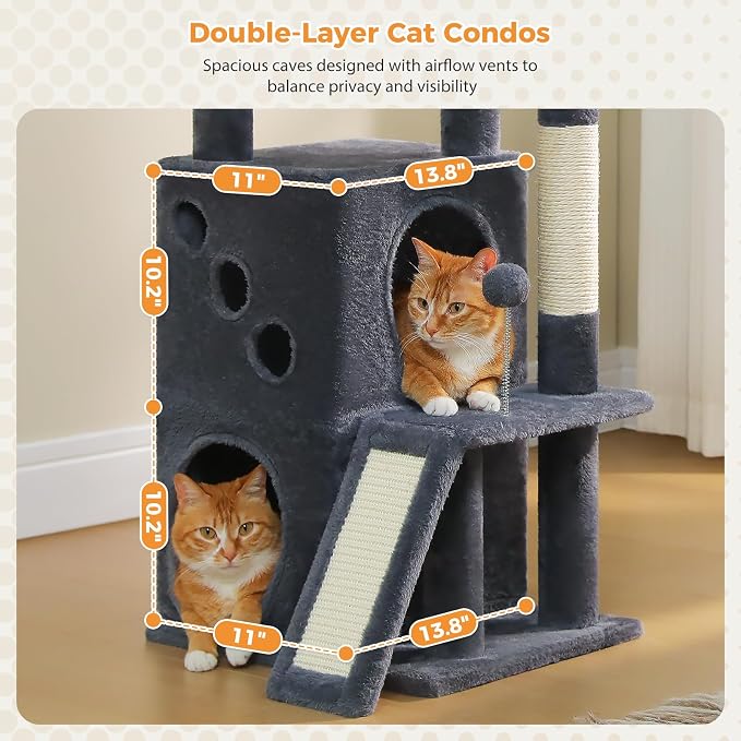 PETEPELA Kitten Cat Tree, 34.6" Small Cat Tower with Ramp & Toys, Deep Grey | Compact 34.6-inch tower with 2 cozy condos, sisal scratch ramp & posts, dangling toys; right-sized for kittens & small cats - Image 3