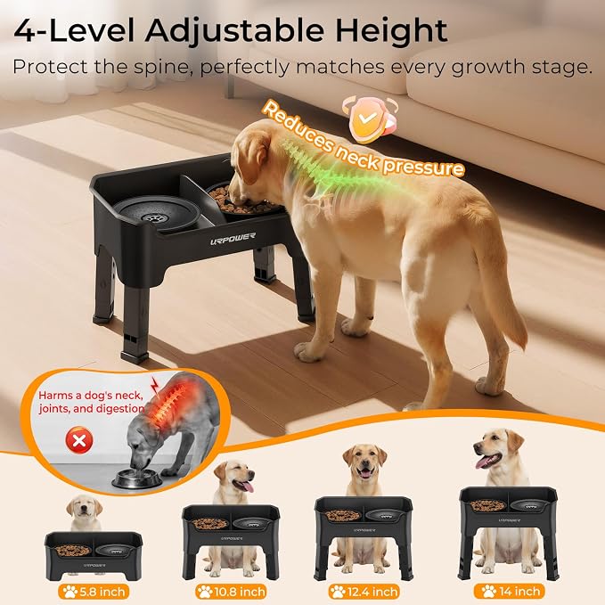 URPOWER Mess Proof Elevated Dog Bowls 4 Height Adjustable Raised Stand | No Spill Water Bowl, Slow Feeder Dog Bowls, Non-Slip Food and Water Bowl Set for Small, Medium & Large Dogs - Image 6